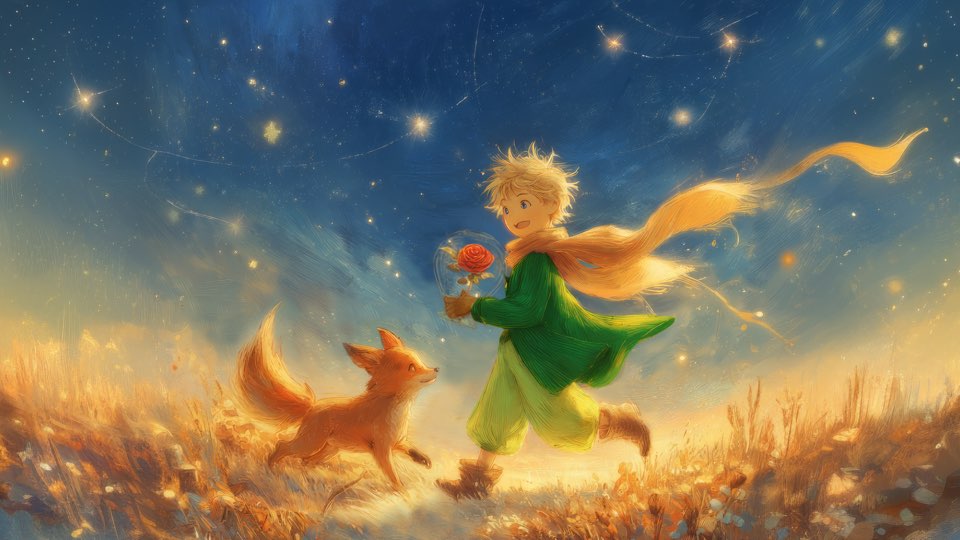 Illustration of the Little Prince holding a rose under a glass dome, running with a fox through a golden field under a starry sky