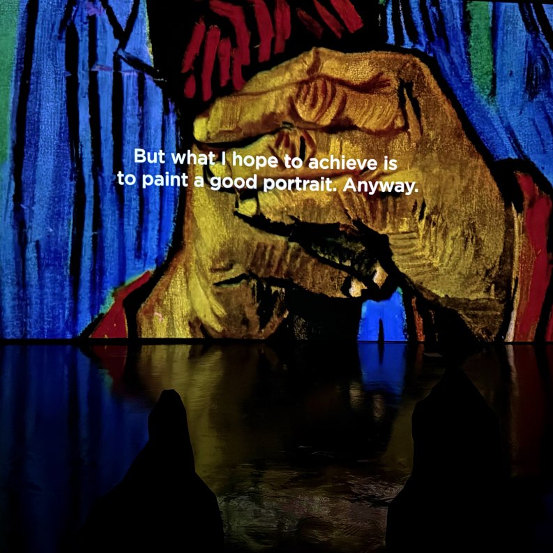 Projection of Van Gogh painting his portrait with his words: But what I hope to achieve is to paint a good portrait