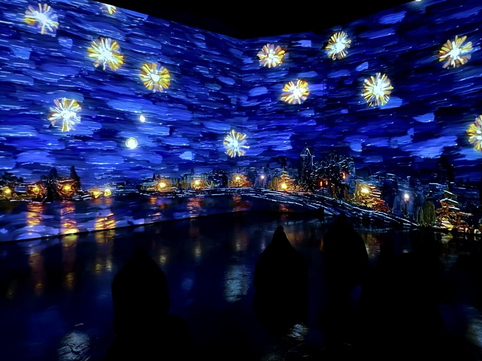 Van Gogh night sky with stars over a lit town projected on the walls of the immersive hall