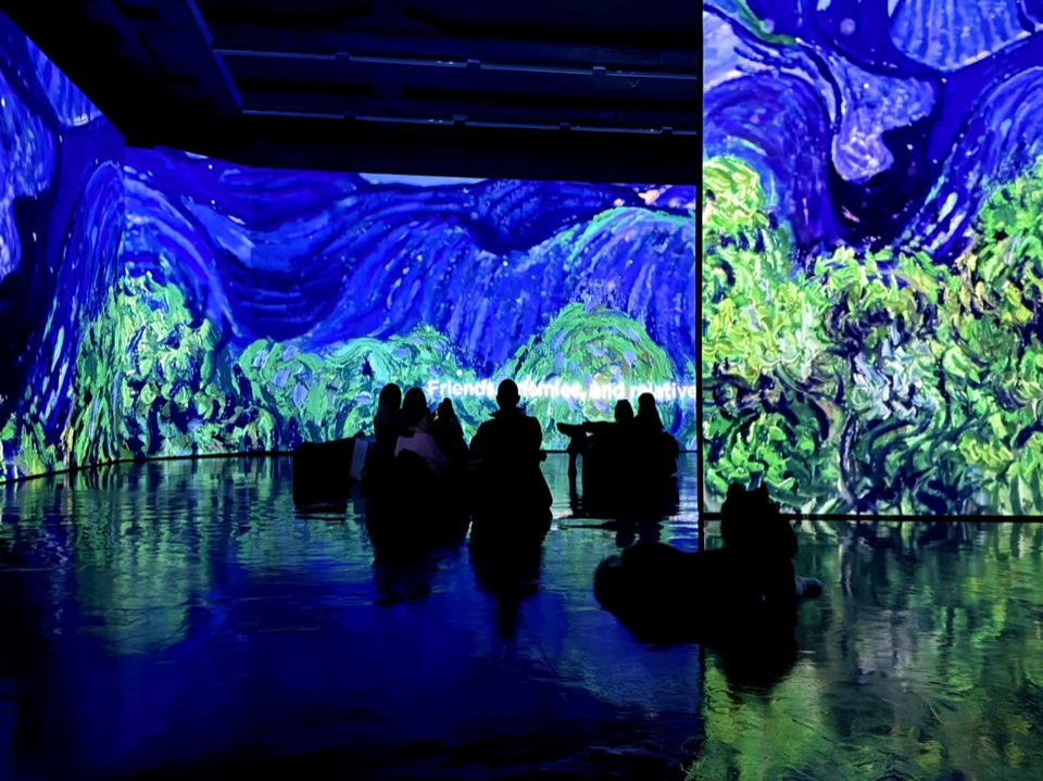 Visitors in the 360-degree immersive hall surrounded by Van Gogh landscapes